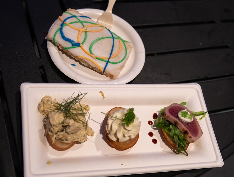 Trio of Savory Croissant Doughnuts: Whipped Boursin Garlic and Fine Herbs Cheese with Fresh Herbs; Chicken Salad with Shaved Fennel and Fresh Herbs; and Spicy Tuna with Wasabi and Seaweed Salad 201901 WDW-100 Croissant doughnuts and Pop T'Art.jpg